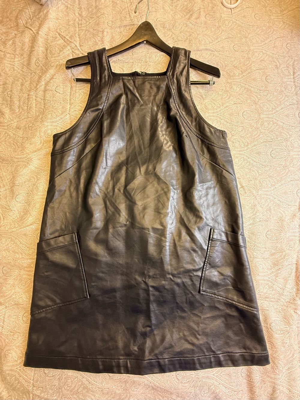 Anthropologie Maeve Black Faux Leather Shift Mini Dress L Square Neck Zip Pocket